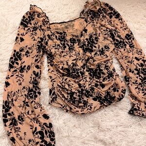 Elegant Floral Women's Blouse - Black and Tan
